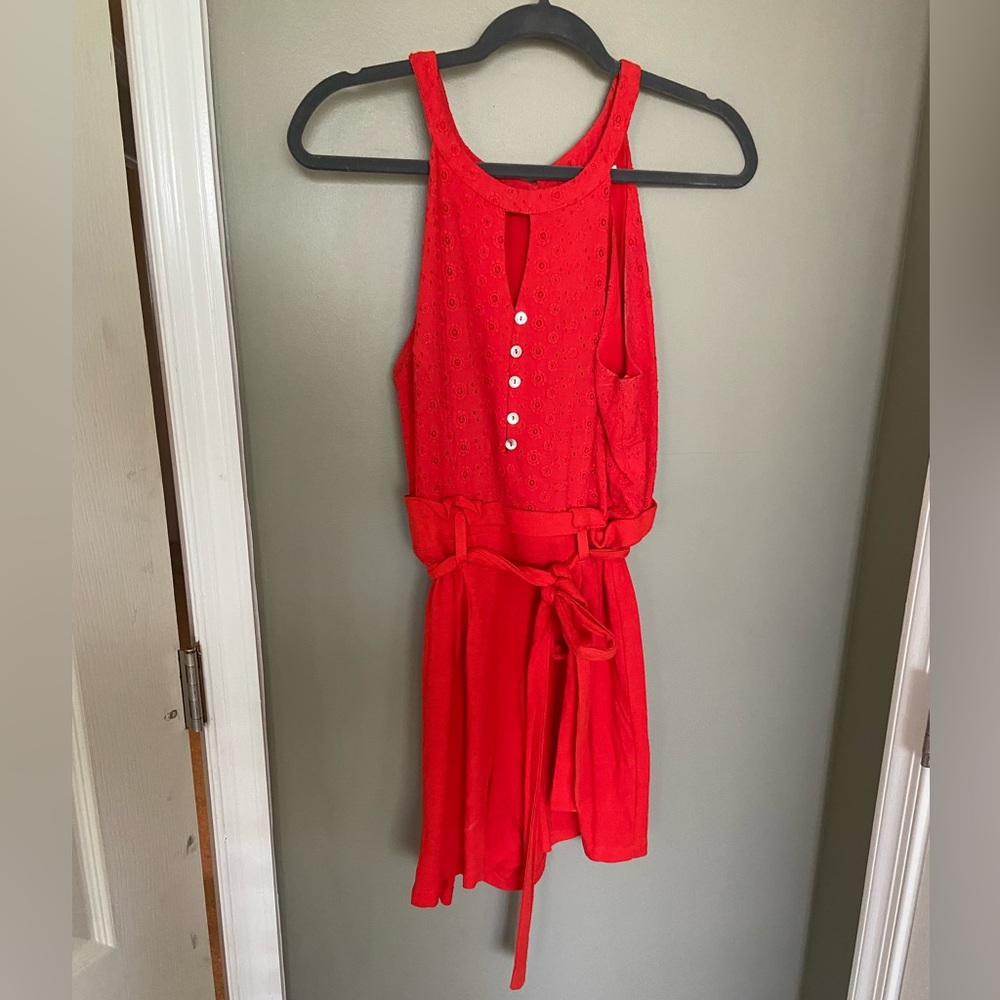 Red Miami Romper with buttons and belt